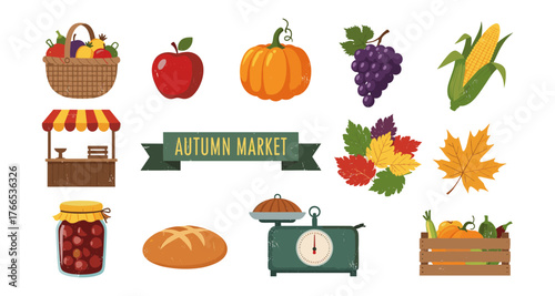 Autumn market elements featuring seasonal produce and harvest icons