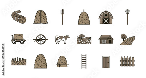 Rustic farming icons set featuring barn, hay, and farm tools