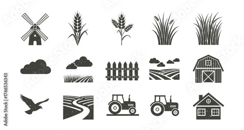 Rustic farm elements set featuring windmill, crops, and tractors in black silhouette style