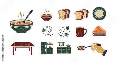 Cozy kitchen elements with rustic style: soup, bread, and kitchenware