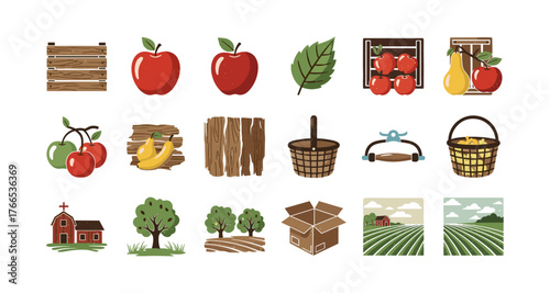 Farm life icons set: wooden crates, harvest, and countryside scenery