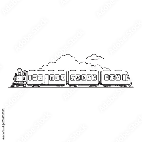 Train with Passengers and Clouds Line Art vector illustration