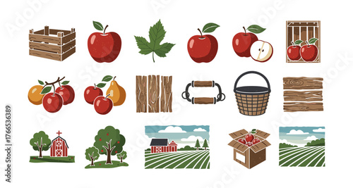 Rustic farm set with apples, trees, and country scenery elements