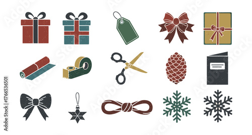 Vintage holiday gift wrapping elements with rustic design and decorative icons