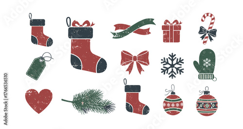 Vintage christmas elements: stockings, gifts, ornaments, and festive icons in classic grunge style