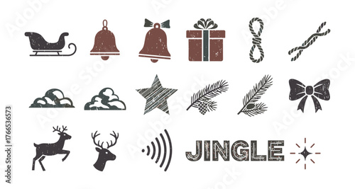 Rustic christmas icons collection: bells, sleigh, gift, snowflakes, reindeer, and more