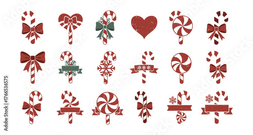Festive candy cane icons with bows and snowflakes for holiday designs