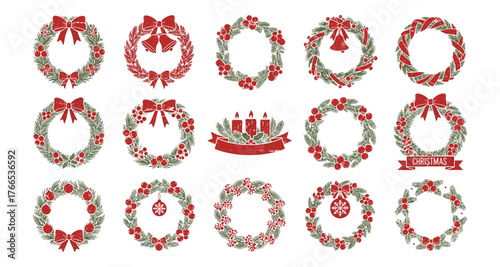 Festive christmas holiday wreaths collection with bells and bows