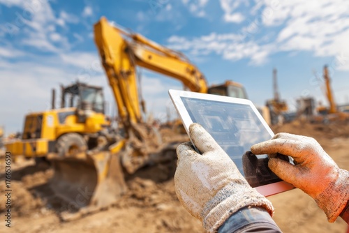 Foreman uses Digital Tablet, project management at the site. Overseeing the work. Worker review plans against a heavy machinery equipment backdrop. Automated logistics online. Control loading of cargo