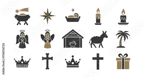 Rustic christmas icons set with nativity scene, angels, and holiday symbols