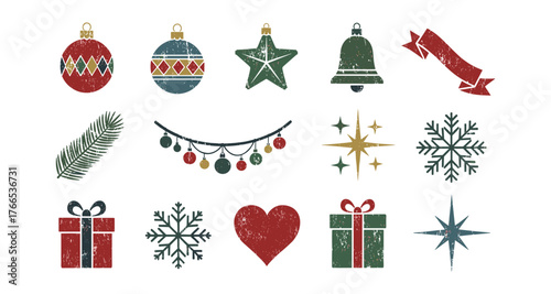 Festive grunge style christmas icons set with decorations and symbols