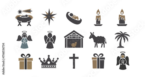 Rustic nativity scene icons with angels, animals, and gifts in grunge style