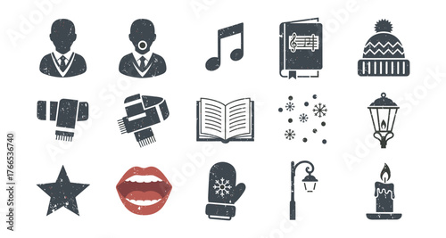 Vintage winter icons: music notes, candles, scarves, and seasonal elements