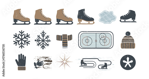 Winter sports elements: ice skating rink, snowflakes, warm clothing icons