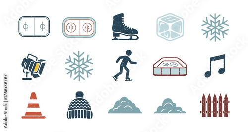 Winter activities and ice hockey icons with a retro style