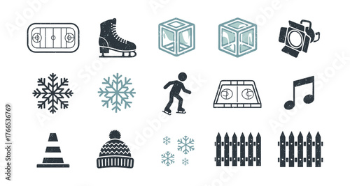 Winter icons: ice skates, hockey rink, snowflakes, and more in grunge style