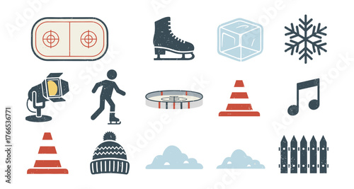 Winter sports and ice rink icons in a rustic flat style