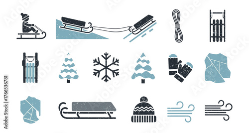 Winter sledding icons: retro style silhouettes with snow and wind elements