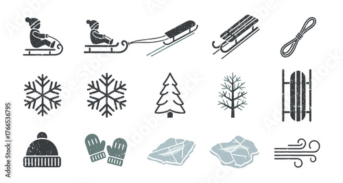 Winter adventure icons: kids sledding, snowflakes, trees, and winter gear in grunge style