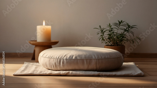 Minimalist Meditation Still Life with Cushion, Candle, and Plant
