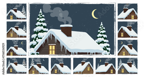 Cozy winter cabin under moonlit sky with snow-covered roof and pine trees