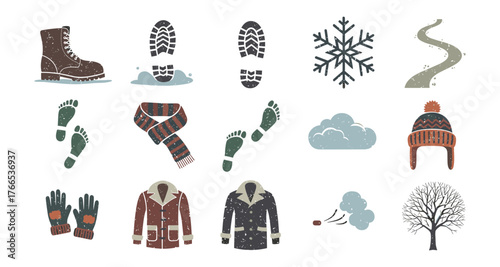 Winter elements set: clothing, accessories, and nature in flat style