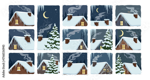 Cozy cabin roofs under snowy night sky with moon and pine trees