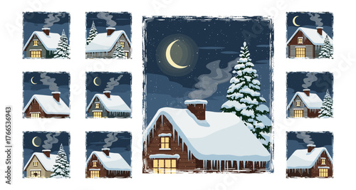 Rustic winter cabins under moonlit night sky with snow-covered trees