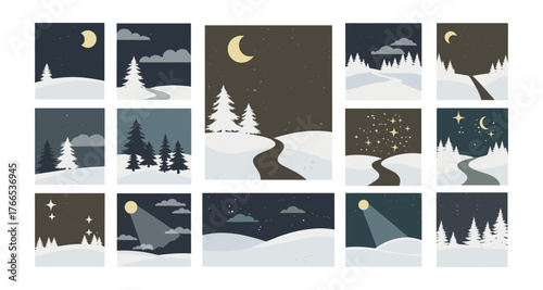 Winter night landscapes collection with snowy hills and pine trees