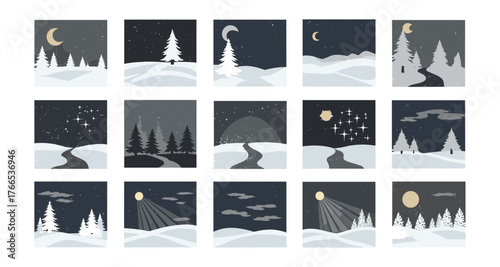 Serene night winter landscapes with moonlit snowy scenes and starry skies