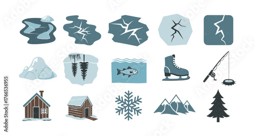 Winter icons: ice, fishing, and cozy cabin in flat design