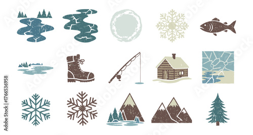 Rustic winter adventure elements with ice skating, fishing, and snowflake designs