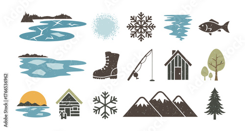 Winter outdoor adventure icon set with rustic and nature elements
