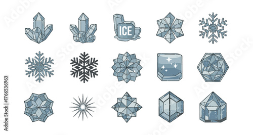 Set of geometric ice and crystal designs with snowflake motifs in flat style