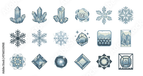 Collection of geometric crystal and snowflake designs in flat style