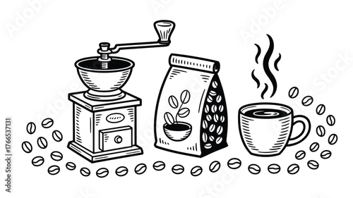 Enjoy a freshly brewed cup with vintage grinder, coffee beans, and aromatic steam for cozy mornings and relaxing afternoons, a perfect cafe scene