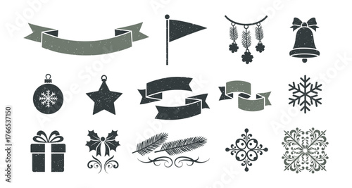 Vintage christmas icon set featuring rustic holiday decorations and festive elements