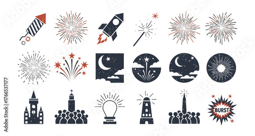Festive fireworks and night sky icons for celebrations