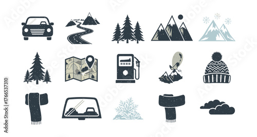 Winter travel icons set: mountains, road, camping, and warm accessories