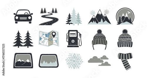 Winter travel icons collection featuring mountains, trees, and road trip symbols