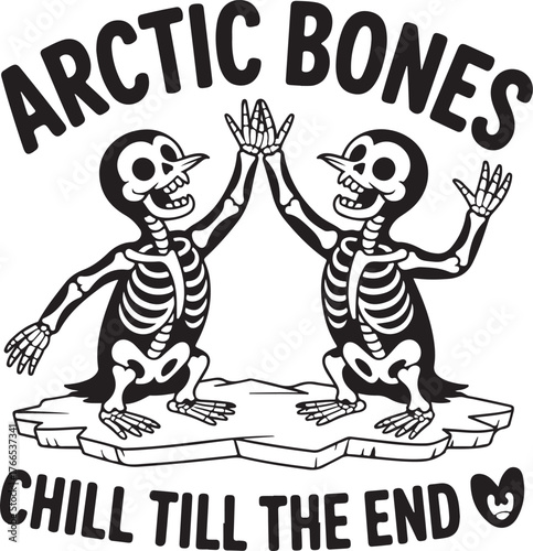 Two penguins high five on ice floe with text arctic bones