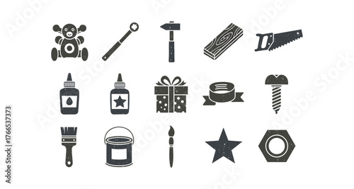 Vintage toy and tool set in grunge style: icons of craft and play