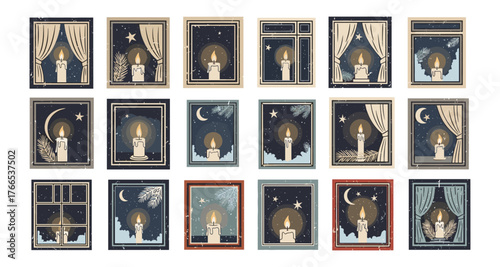 Cozy winter nights: candlelit windows with snowy backgrounds