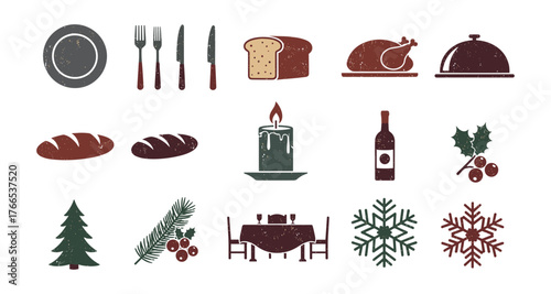 Rustic holiday dining set with seasonal elements and vintage culinary icons