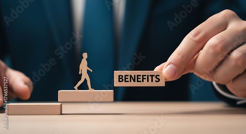 Wooden blocks depicting career progression and benefits in business context