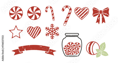 Rustic christmas icons: candy canes, peppermint, bows, and holiday charm