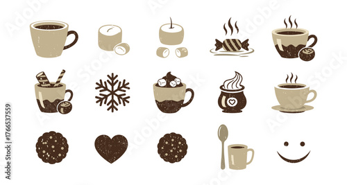 Rustic coffee and dessert icons with marshmallows and cookies