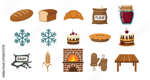 Cozy winter baking essentials: bread, pastries, and warm hearth elements