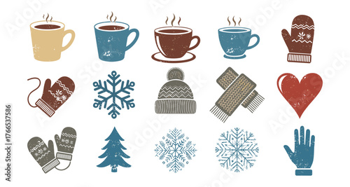 Cozy winter icons: hot drinks, warm accessories, and seasonal symbols