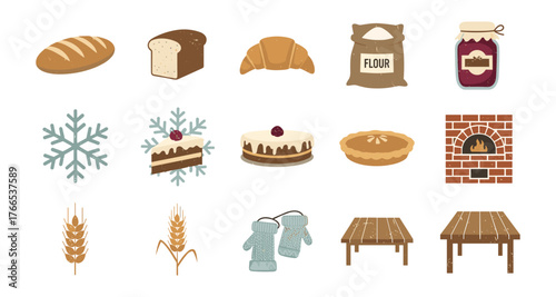Flat bakery elements set: bread, pastries, ingredients, and more